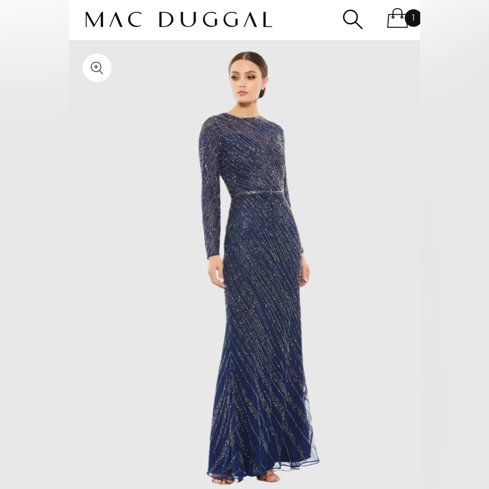 MAC DUGGAL Navy Long Sleeve Beaded Column Gown